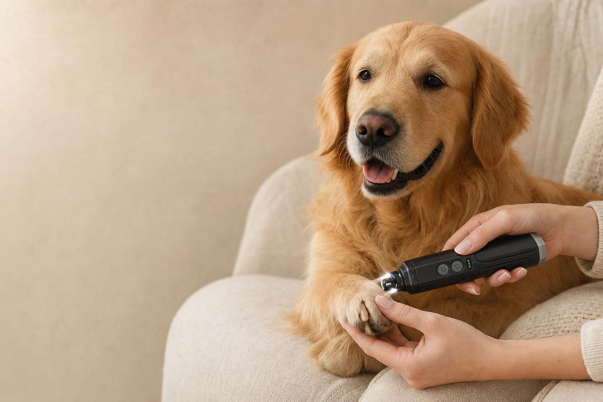 Lima eléctrica usada en las uñas de un golden retriever